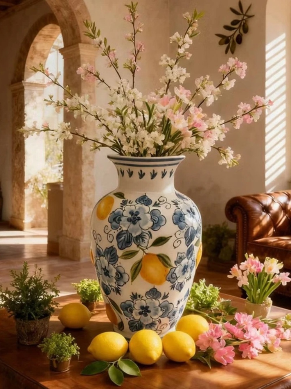 🍋 Muchoise Ceramic Lemon Vase White/Blue